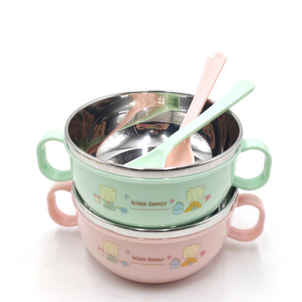 Baby Feeding Bowl with Lids Stainless Steel double-layered Insulated Bowl Spoon Set Children Tableware Cartoon Printed Easy To Clean Children Food Bowl 1pcs