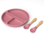 Food Grade Silicone Baby Tableware Set Soft Non-Slip Feeding Plate Sucker 3-Piece Dinner Spoon Fork Plate Set for Kids Dining