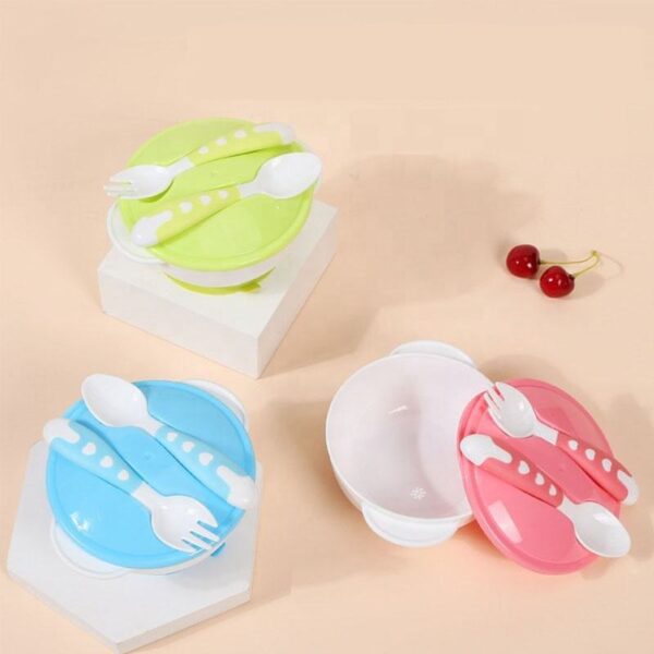 Children Feeding Bowl Set BPA Free Spoon Fork Tableware Set Non Slip Plastic Baby Bowl With Suction