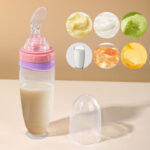120ml/4OZ BPA Free Baby Products Silicone Infant Food Fruit Rice Paste Squeeze Dispensing Spoon Feeder Bottle