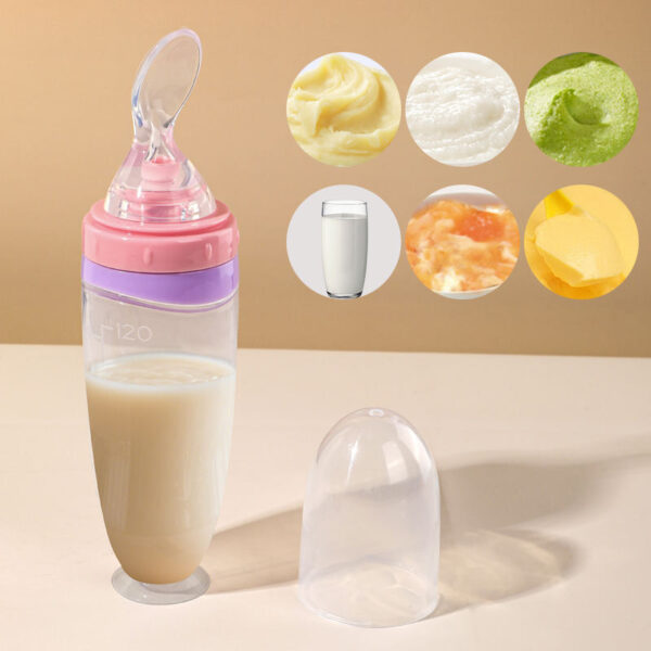 120ml/4OZ BPA Free Baby Products Silicone Infant Food Fruit Rice Paste Squeeze Dispensing Spoon Feeder Bottle