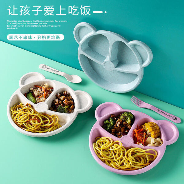 Baby Bowl+spoon+fork Feeding Food Tableware Set Cartoon Bear Kids Dishes Eating Dinnerware Anti-hot Wheat Straw Training Plate